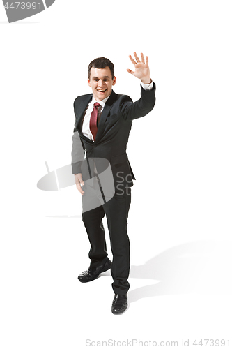 Image of Choose me. Full body view of businessman on white studio background