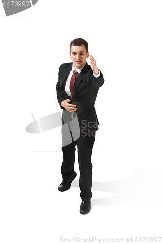 Image of Choose me. Full body view of businessman on white studio background