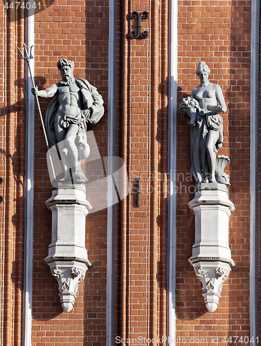 Image of Sculptures on the front of the House of the Blackheads in Riga
