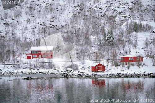 Image of Rd rorbu houses in Norway in winter