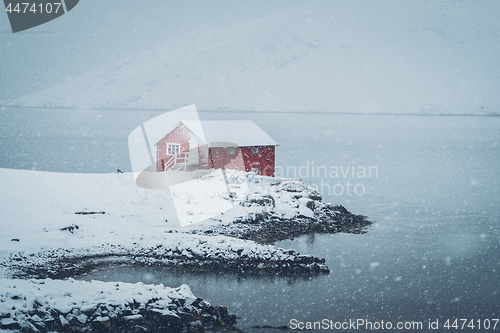 Image of Red rorbu house in winter, Lofoten islands, Norway