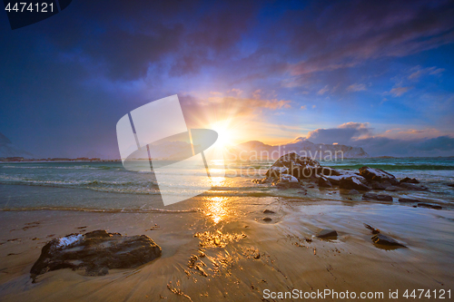 Image of Skagsanden beach on sunset, Lofoten islands, Norway