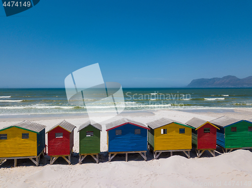 Image of Colourful wooden beach huts at Muizenberg beach