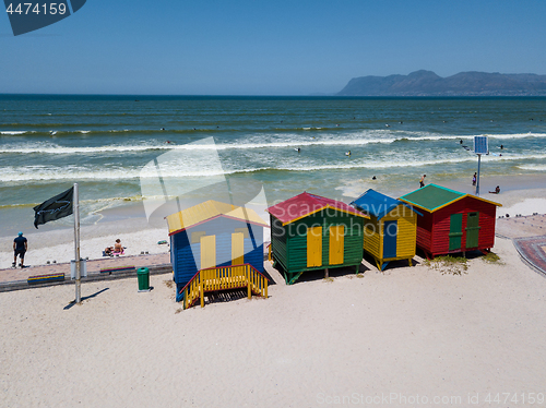 Image of Colourful wooden beach huts at Muizenberg beach