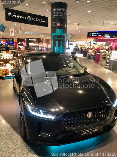 Image of The new Jaguar I-Pace electric car on display for visitors of the duty free shops of Frankfurt Airport to win.