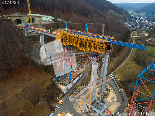 Image of Aerial of a complex new railway bridge construction between two tunnels