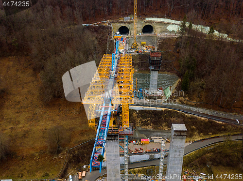 Image of Aerial of a complex new railway bridge construction between two tunnels