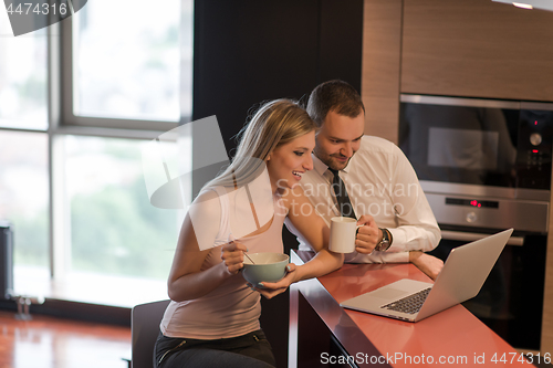 Image of A young couple is preparing for a job and using a laptop