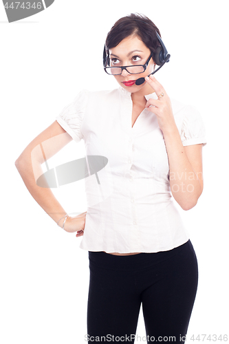 Image of Beautiful young call-center assistant smiling , isolated on white