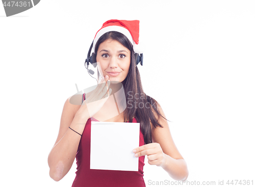 Image of Christmas phone operator woman showing blank signboard