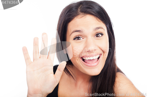Image of Young beautiful woman shouting something. Isolated on white background