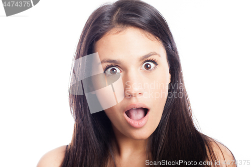 Image of Close up portrait of pretty surprised woman  on white background