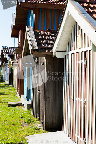 Image of typique colored wooden houses in biganos port in the Bay of Arcachon