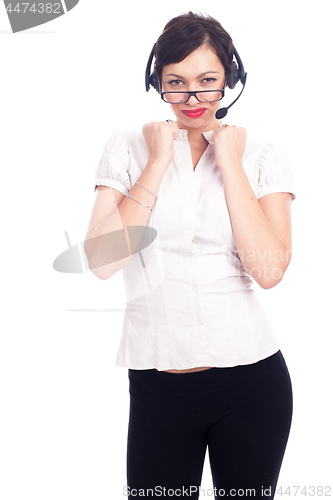 Image of Beautiful young call-center assistant smiling , isolated on white