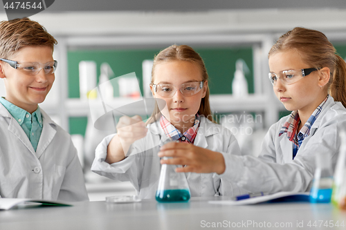 Image of kids with test tube studying chemistry at school