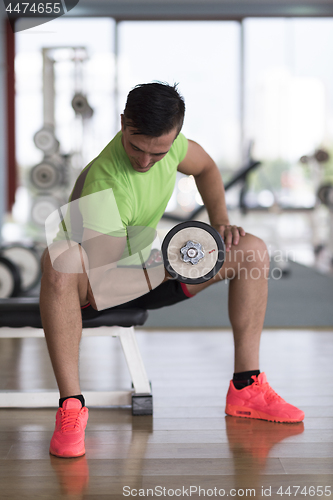 Image of handsome man working out with dumbbells