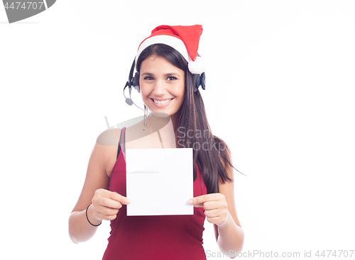 Image of Christmas phone operator woman showing blank signboard