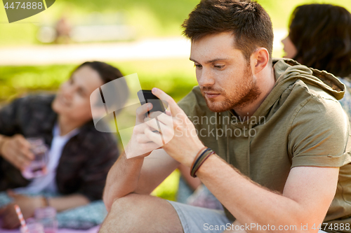 Image of man using smartphone at picnic with friends