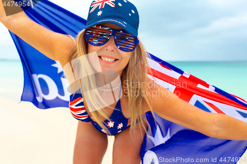 Image of Happy Australia Day Woman wearing Australian flag things