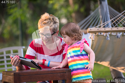 Image of mom and her little daughter using tablet computer