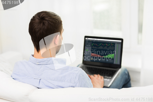 Image of man with charts on laptop screen at home