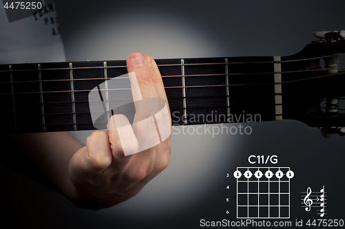 Image of Guitar chord on a dark background. The C eleventh is a six-note chord. C11 tab fingering