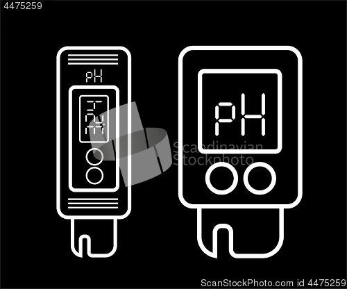 Image of Acidity meter pH. The chemical testers. Icons of thin lines on a black background. Vector