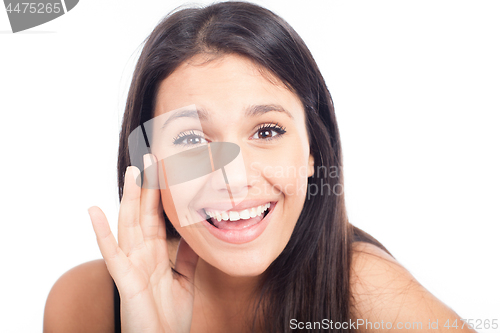Image of Young beautiful woman shouting something. Isolated on white background
