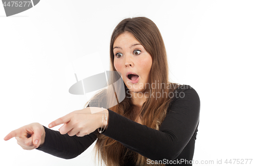 Image of Beautiful young woman showing blank signboard