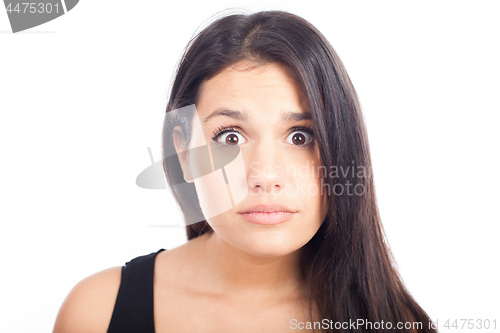 Image of Close up portrait of pretty surprised woman  on white background