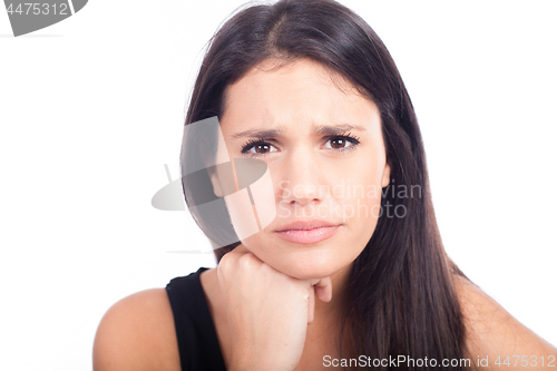 Image of closeup emotional portrait sad woman