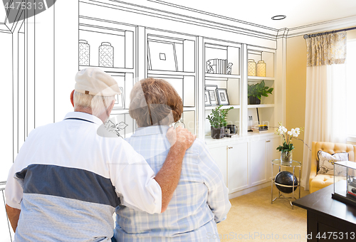 Image of Senior Couple Facing Custom Built-in Shelves and Cabinets Design