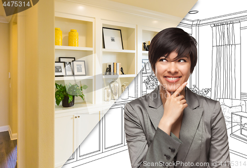 Image of Young Woman Over Custom Built-in Shelves and Cabinets Design Dra