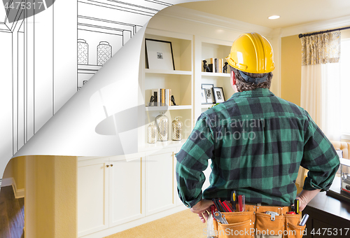 Image of Contractor Facing Built-in Shelves and Cabinets Photo with Page 