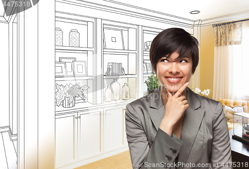 Image of Young Woman Over Custom Built-in Shelves and Cabinets Design Dra