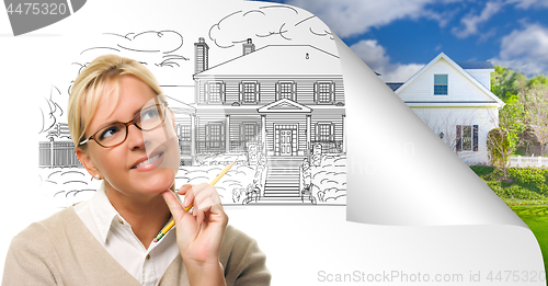 Image of Woman Facing House Drawing Page Corner Flipping with Photo Behin