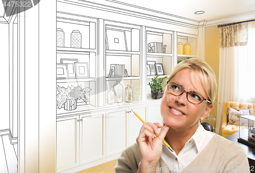 Image of Young Woman Over Custom Built-in Shelves and Cabinets Design Dra