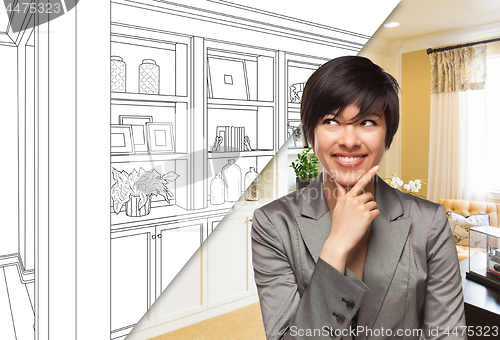 Image of Young Woman Over Custom Built-in Shelves and Cabinets Design Dra