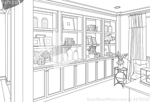 Image of Detailed Drawing of Custom Living Room Built-in Shelves and Cabi