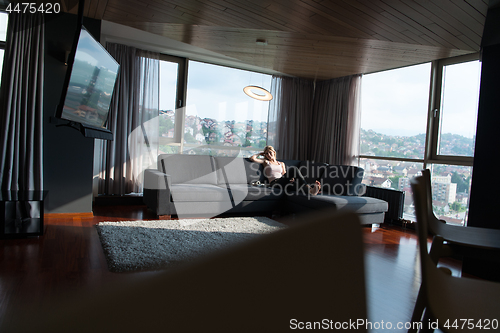 Image of woman using tablet in beautiful apartment