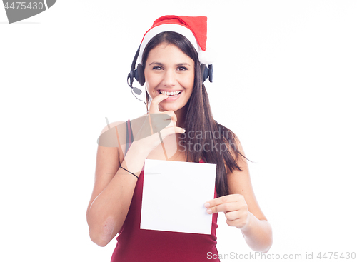 Image of Christmas phone operator woman showing blank signboard