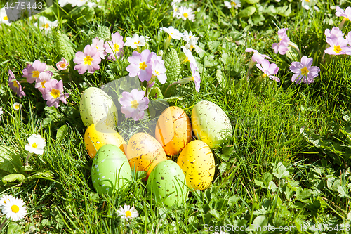 Image of colored Easter eggs hidden in flowers and grass