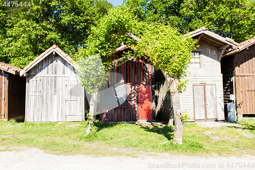 Image of typique colored wooden houses in biganos port in the Bay of Arcachon