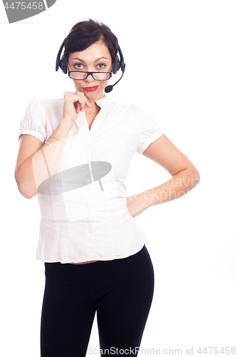 Image of Beautiful young call-center assistant smiling , isolated on white