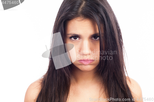 Image of closeup emotional portrait sad woman