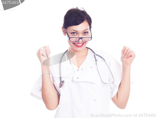 Image of Portrait of beautiful laughing female doctor