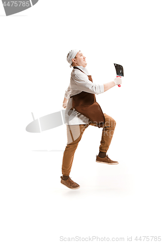 Image of Smiling butcher posing with a cleaver isolated on white background