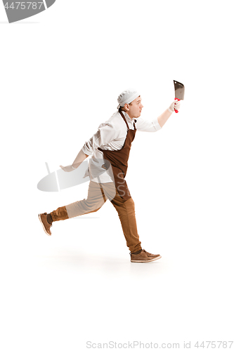 Image of Smiling butcher posing with a cleaver isolated on white background