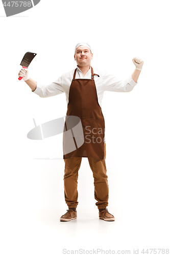 Image of Smiling butcher posing with a cleaver isolated on white background