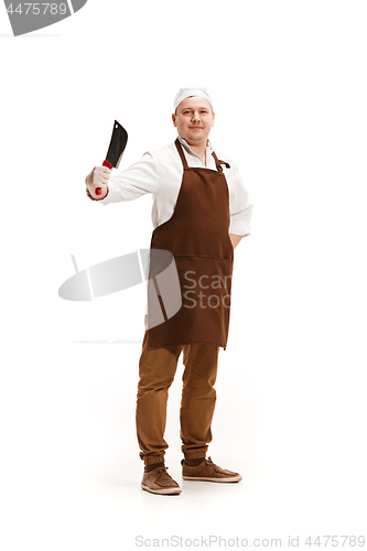 Image of Smiling butcher posing with a cleaver isolated on white background